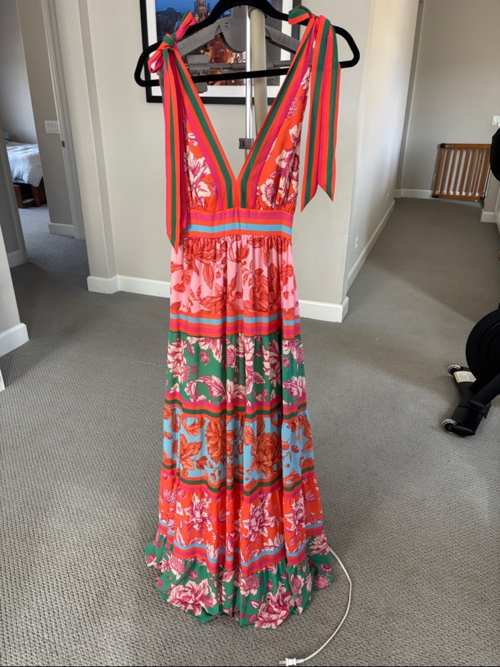 Vici Floral Tie-Shoulder Maxi Dress in Coral, Pink & Green